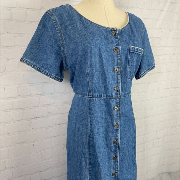 Vintage Western Romantic 12 Denim Babydoll Empire Waist Button Up Maxi Dress - Picture 3 of 13
